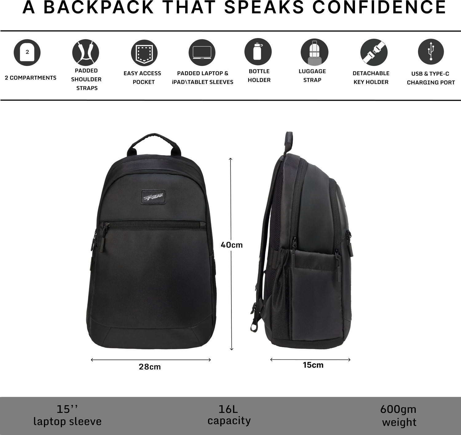 Image of F Gear Balanzo Black With USB 16 L Laptop Backpack