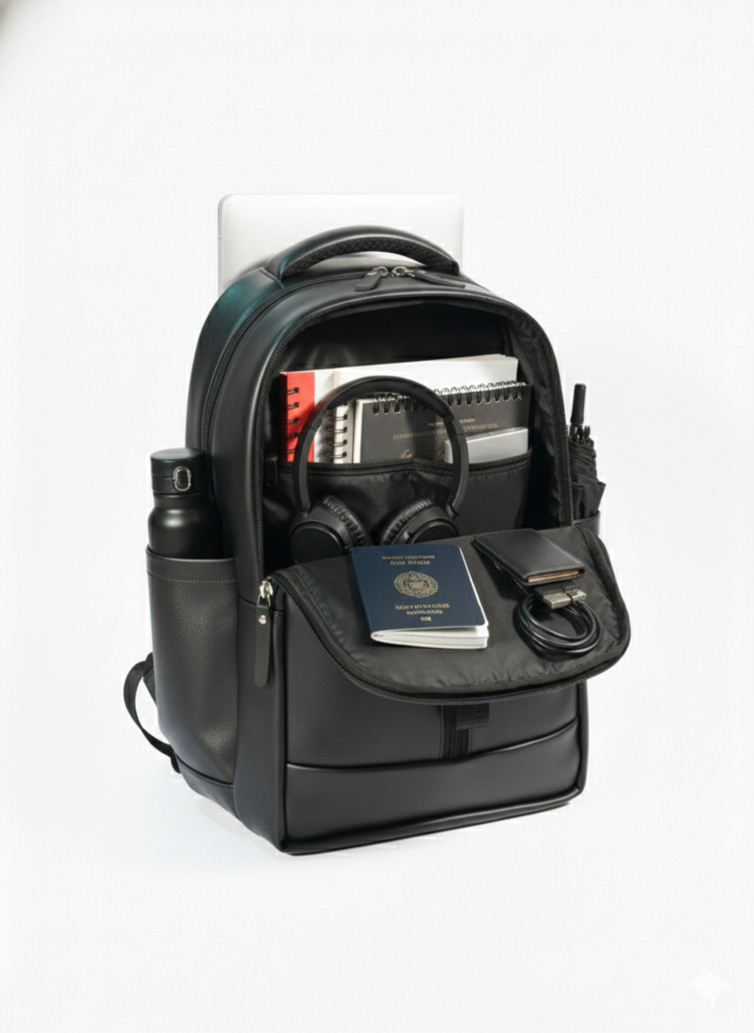 Image of STICHY Multi-Compartment Black Leather-Finish Backpack with Dual Bottle Pockets 20 L Backpack