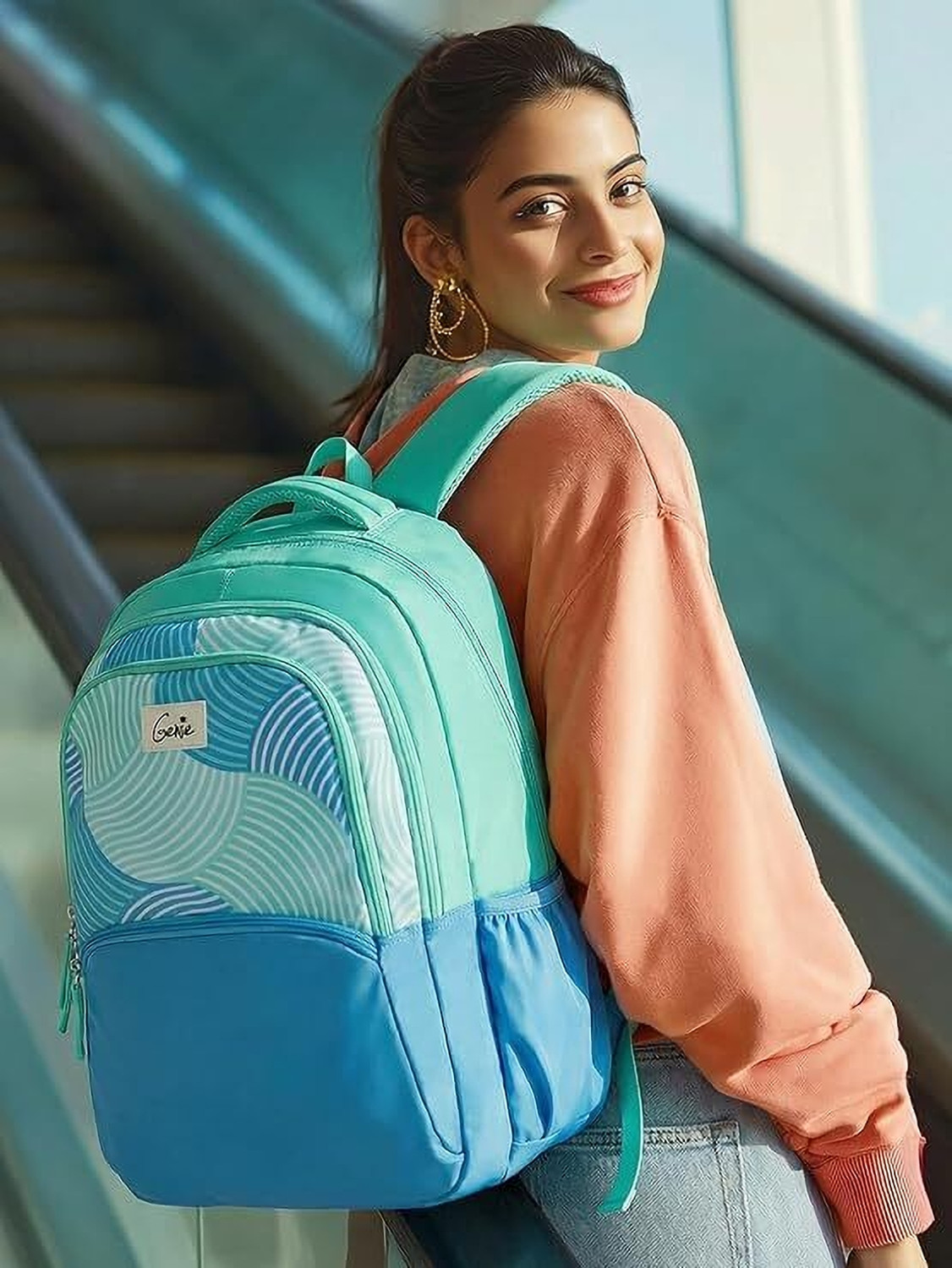 Image of Genie CAMOFLOW School Backpack For Girls |19 Inch-36 Litres Laptop Backpack - Blue 36 L Laptop Backpack