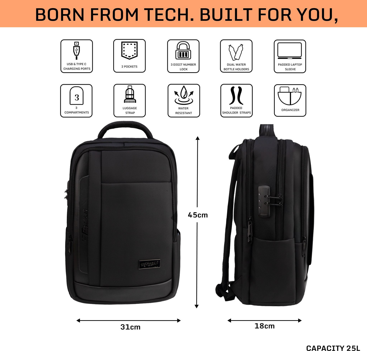 Image of F Gear Alpha 25L Black Anti-Theft Laptop Backpack | 17 inch Laptop, USB & Type-C 25 L Laptop Backpack