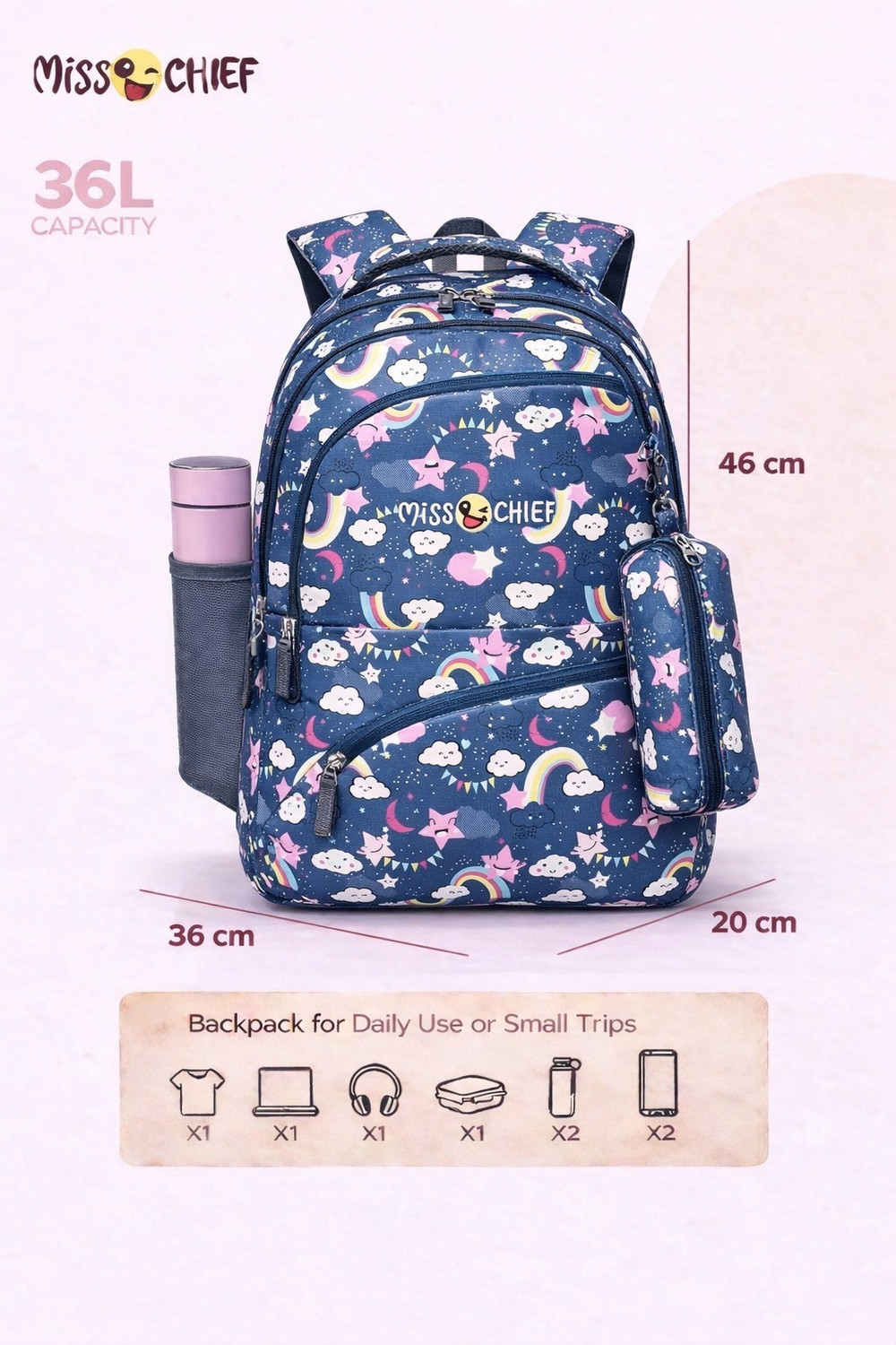 Image of Miss & Chief Laptop Backpack Moonlight Laptop Backpack Water Resistant and Lightweight Bag 36 L Backpack