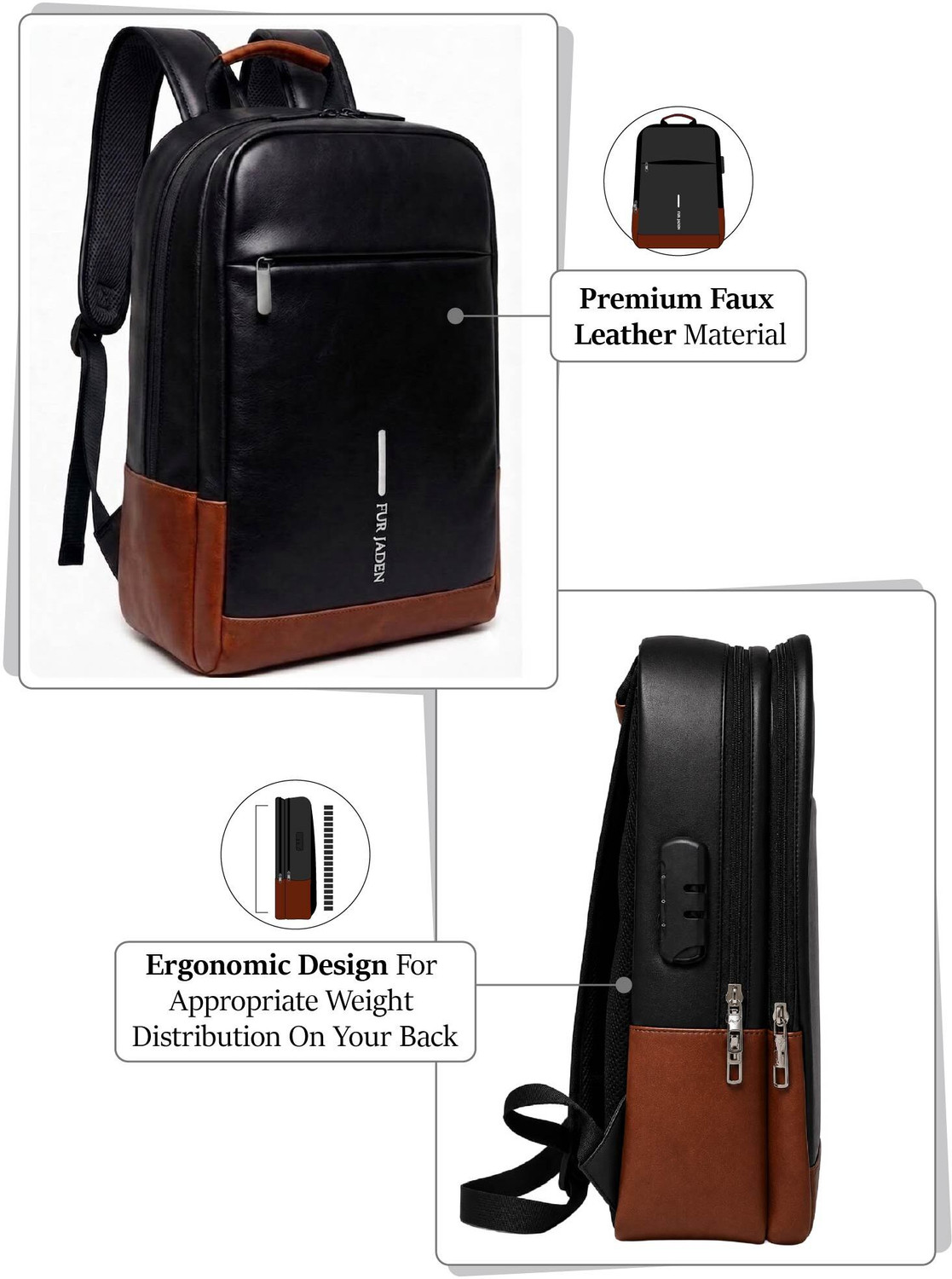 Image of FUR JADEN Vegan Leather Anti Theft Number Lock 15.6 Inch 25 L Laptop Backpack