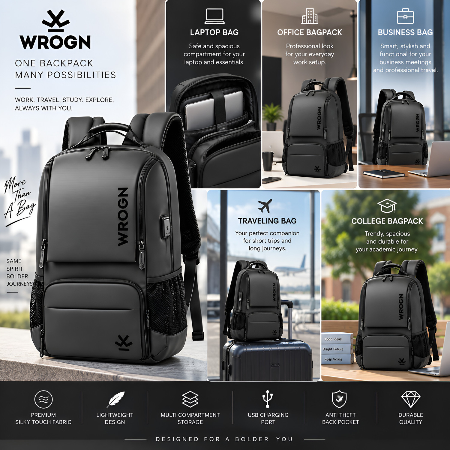 Image of WROGN Multi-purpose laptop bag With anti -theft Pocket For men and women 34 L Laptop Backpack