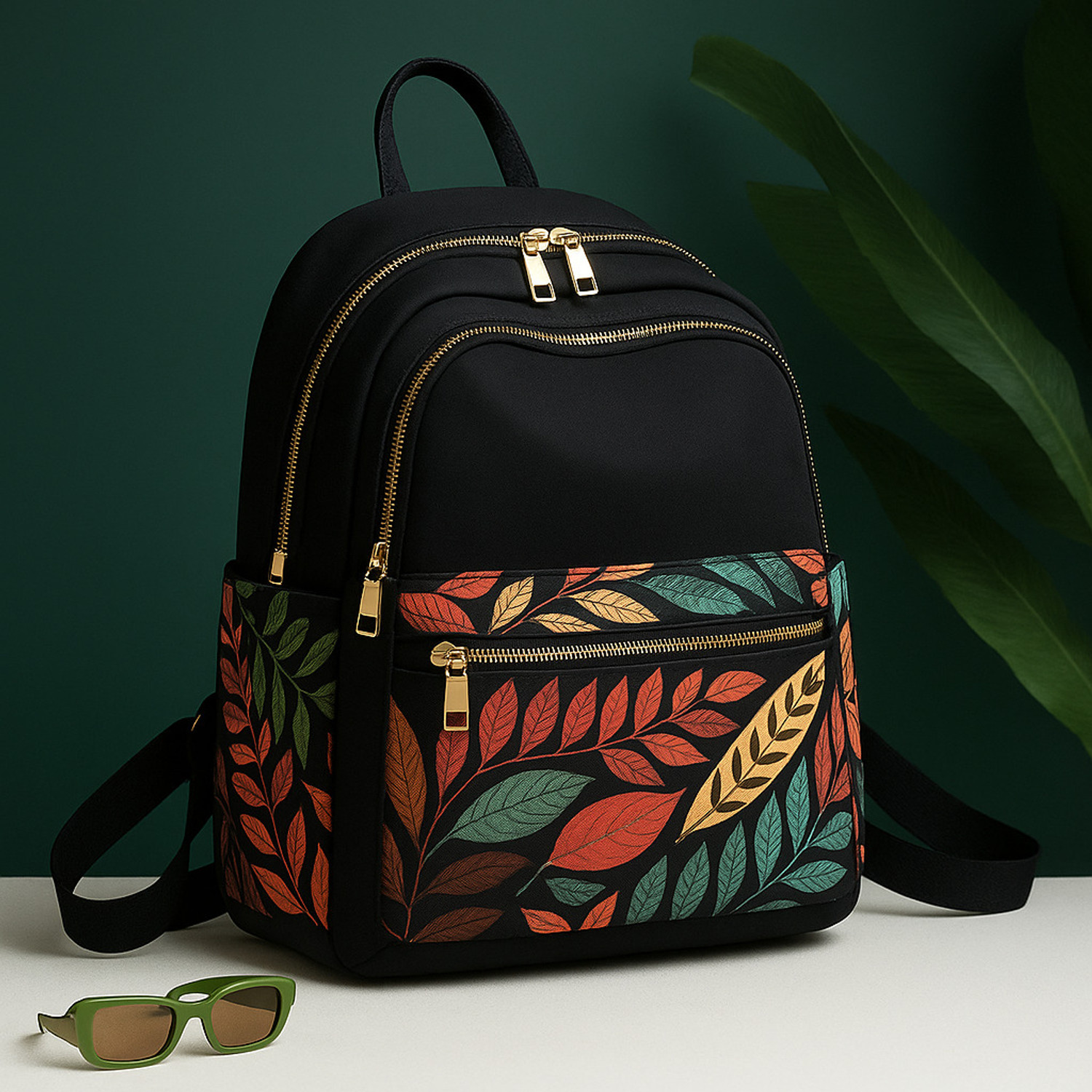 Image of speginic Trendy Black Backpack with Multicolor Leaf Print | Stylish & Spacious Travel Bag 15 L Backpack