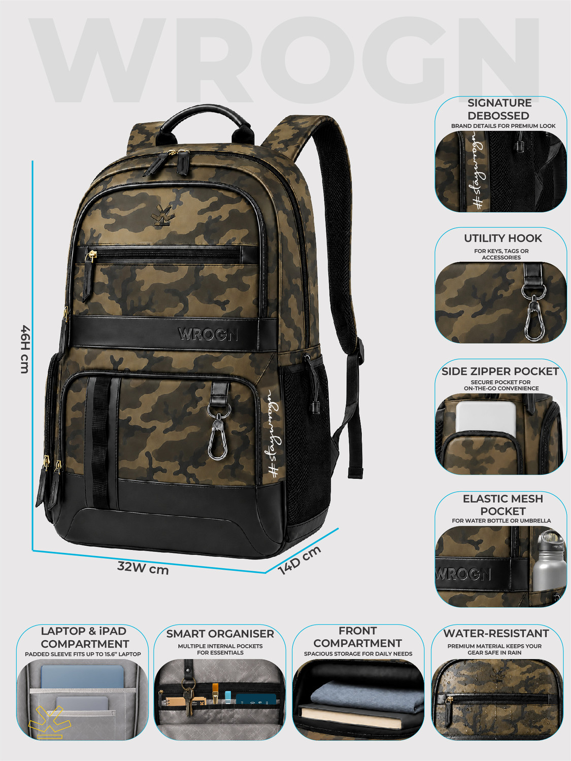 Image of WROGN Unisex Urban Heritage Pro Laptop Backpack with Anti Theft Pocket & Rain Cover 40 L Laptop Backpack