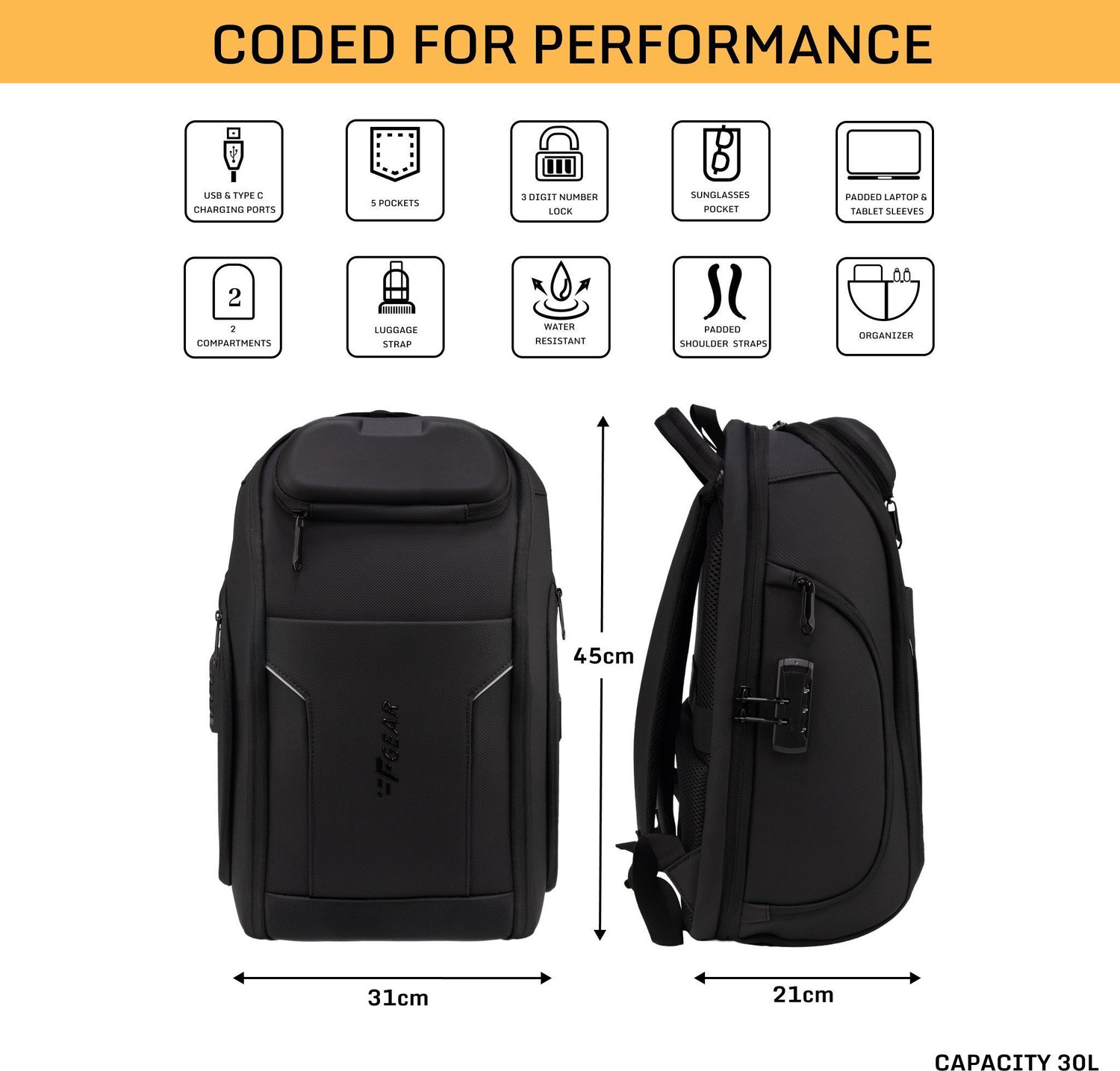 Image of F Gear Hex 30L Black Anti-Theft Laptop Backpack | 17 inch Laptop, USB & Type-C 30 L Laptop Backpack