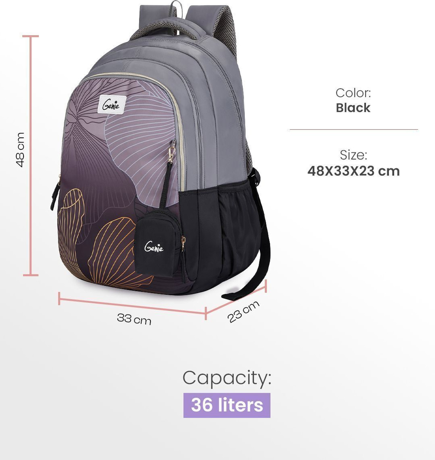 Image of Genie Large 36 L Backpack Emberlit School Backpack For Girls |19 Inch - Black (Multicolor)