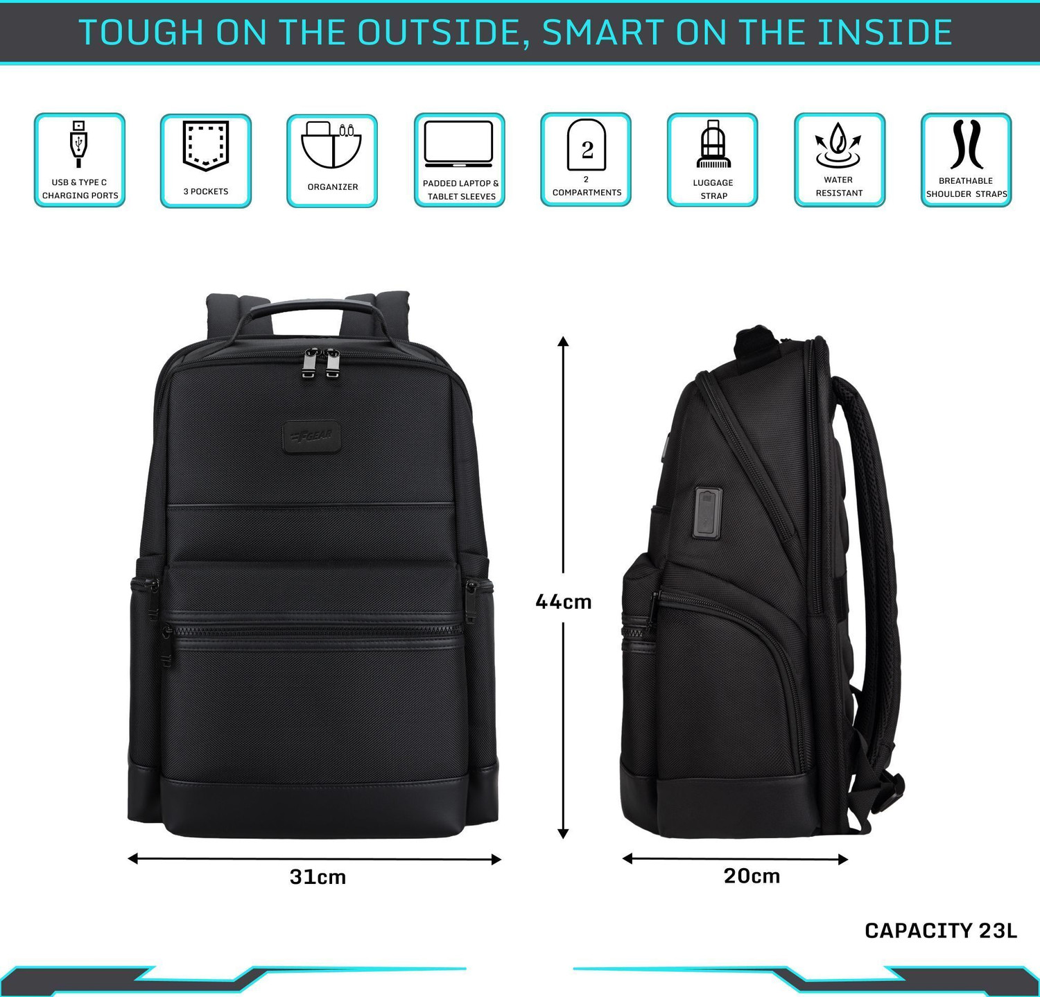 Image of F Gear Varello 23L Black Laptop Backpack | 17 inch Laptop, USB & Type-C Port 23 L Laptop Backpack