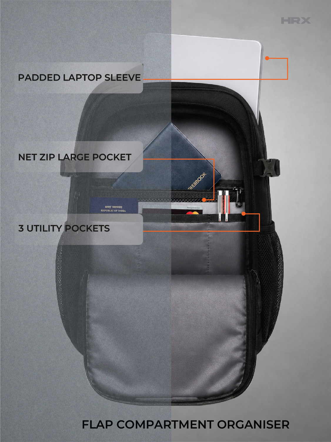 Image of HRX by Hrithik Roshan MetroVault Pro Laptop Backpack with Chest Strap, Luggage Strap and Rain Cover 42 L Laptop Backpack