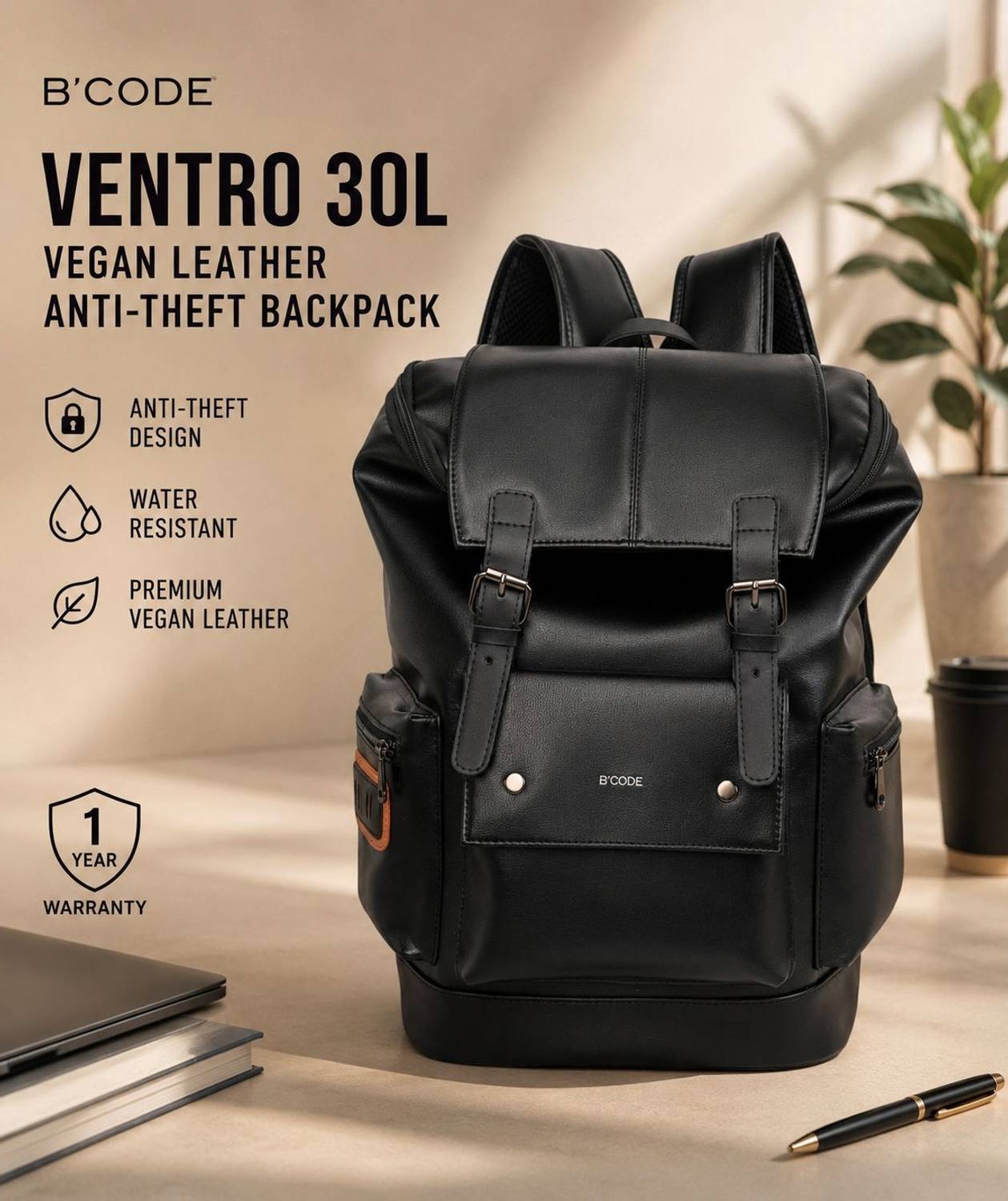 Bcode Ventro 30L Vegan Leather Anti-Theft Laptop Backpack - Image 2