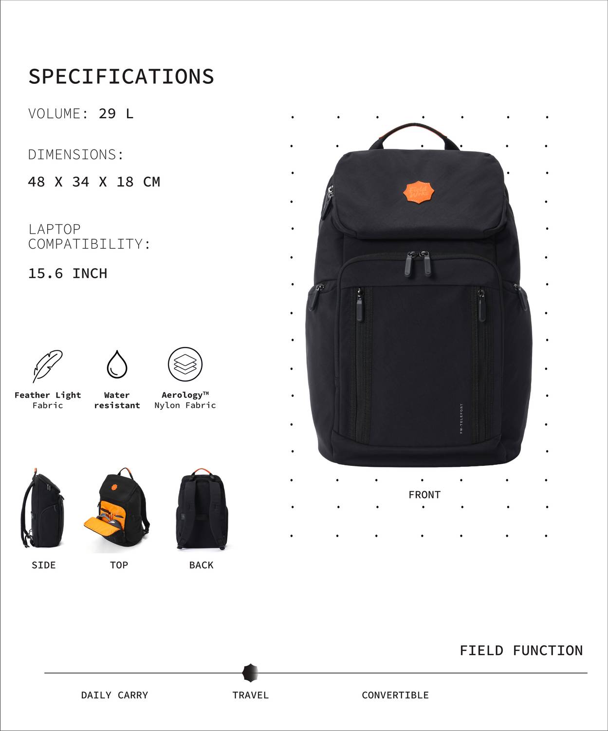 Fieldwrks Teleport 35L Black Trolley Backpack - Image 3