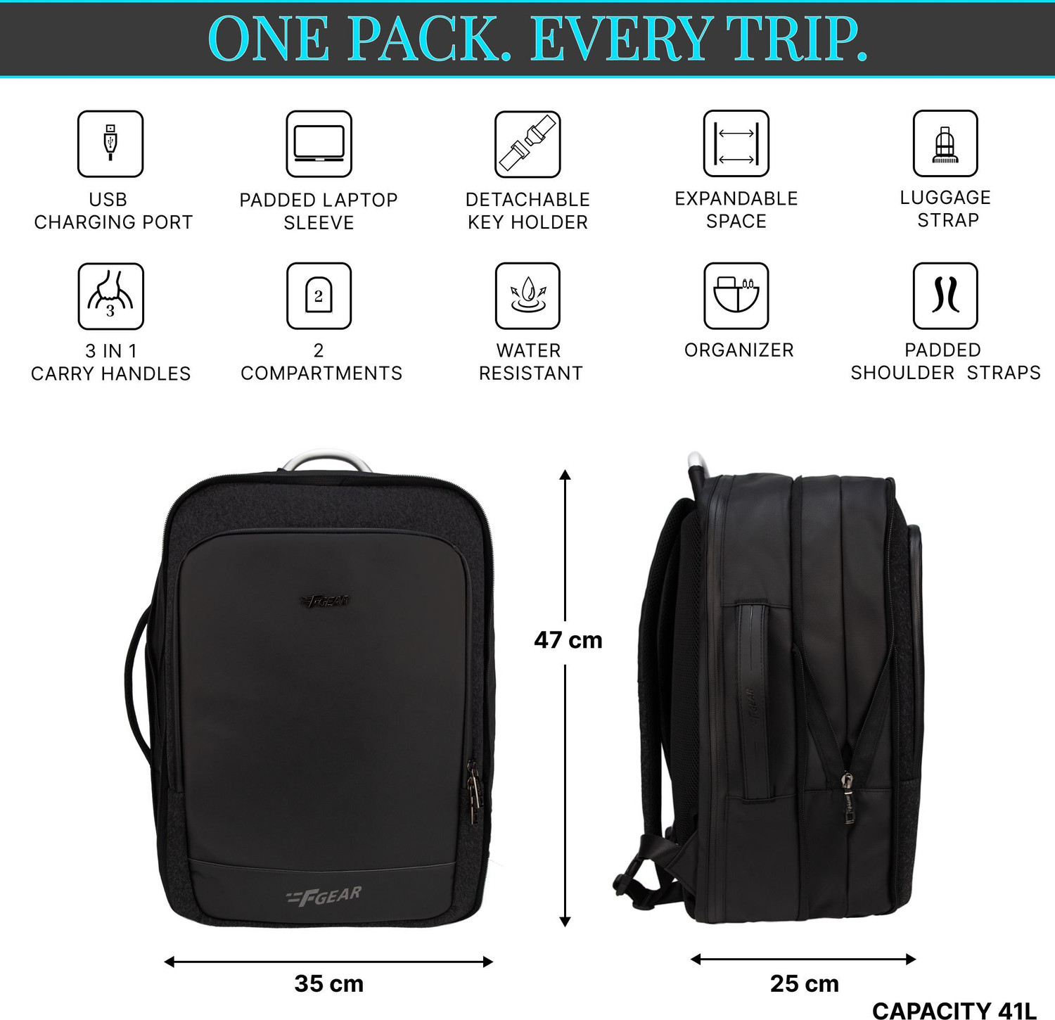 Image of F Gear Lucerne 41L Expandable Backpack|180 Full-Open Laptop Backpack|USB Charging Port 41 L Laptop Backpack