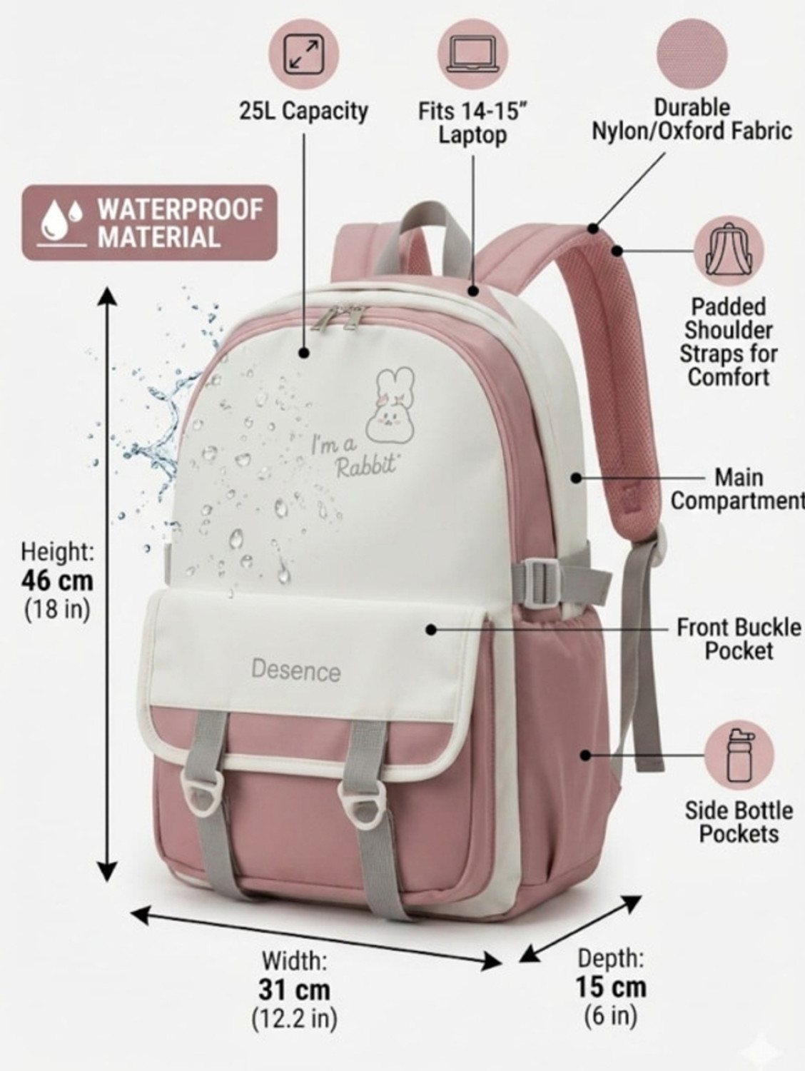 Image of rollinhub Pink Laptop Backpack for Students | College & School Daily Use 25 L Backpack