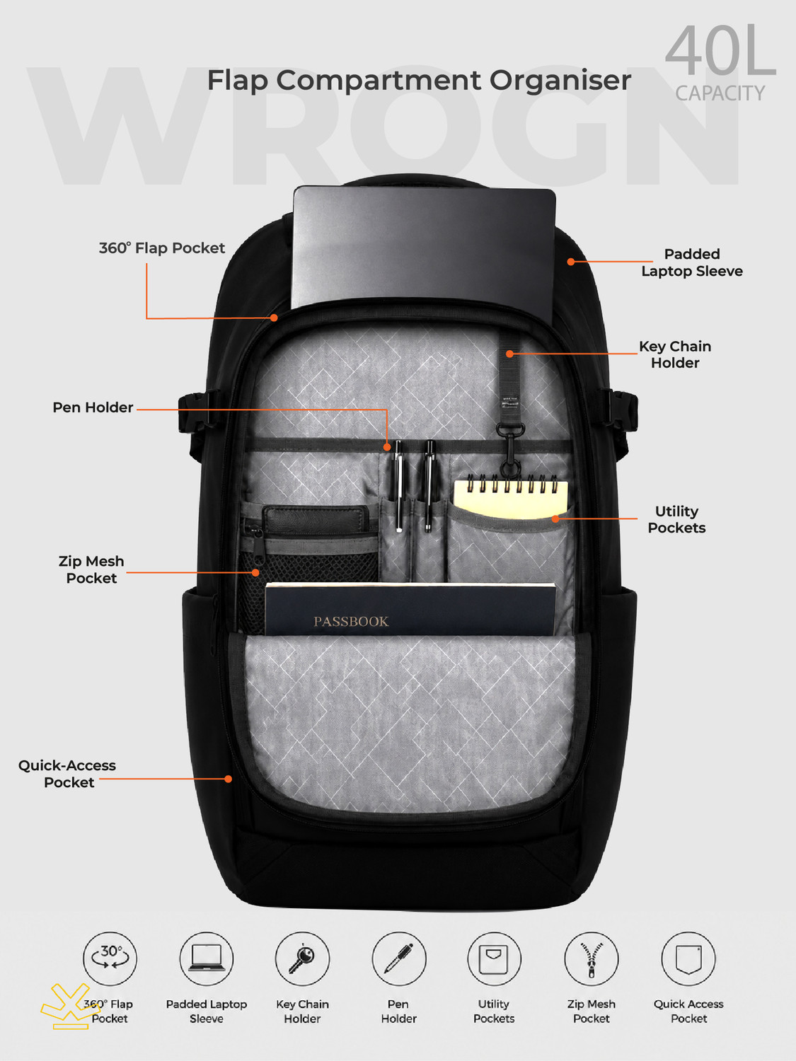 Image of WROGN Stealth Pro Unisex Laptop Backpack with Anti Theft Pocket & Rain Cover 40 L Laptop Backpack