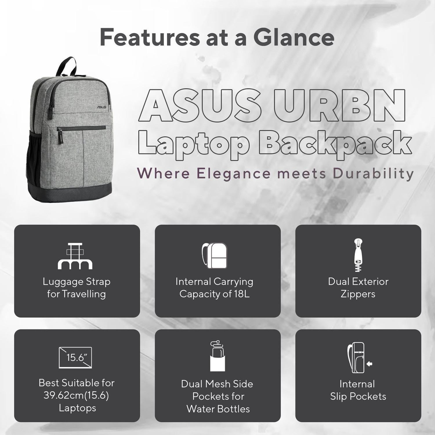 Image of ASUS AP1601, Two Large Front Pocket, with Luggage strap, for 16-inch laptop, 0.40 kg 19 L Laptop Backpack