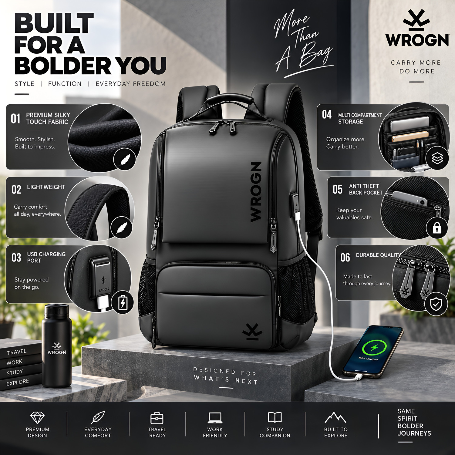 Image of WROGN Multi-purpose laptop bag With anti -theft Pocket For men and women 34 L Laptop Backpack