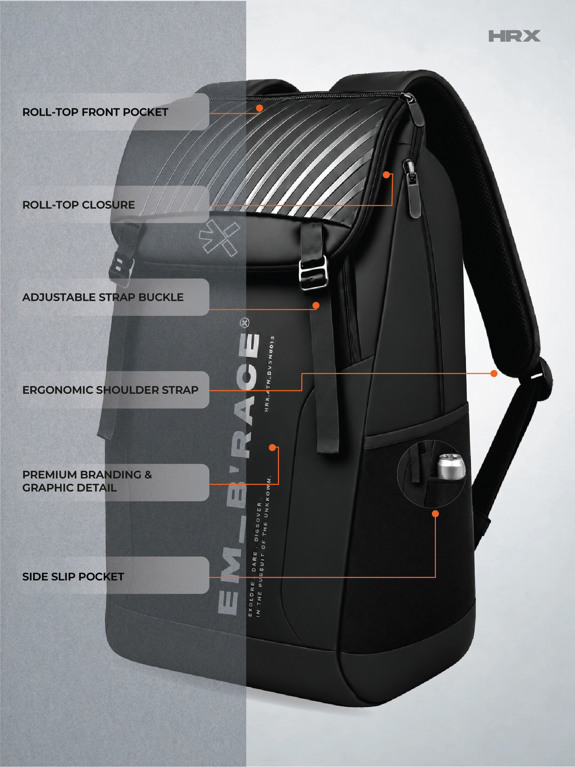 Image of HRX by Hrithik Roshan Large 42 L Laptop Backpack Velocity Unisex Travel Backpack with Anti Theft Pocket, Chest & Luggage Strap (Black)