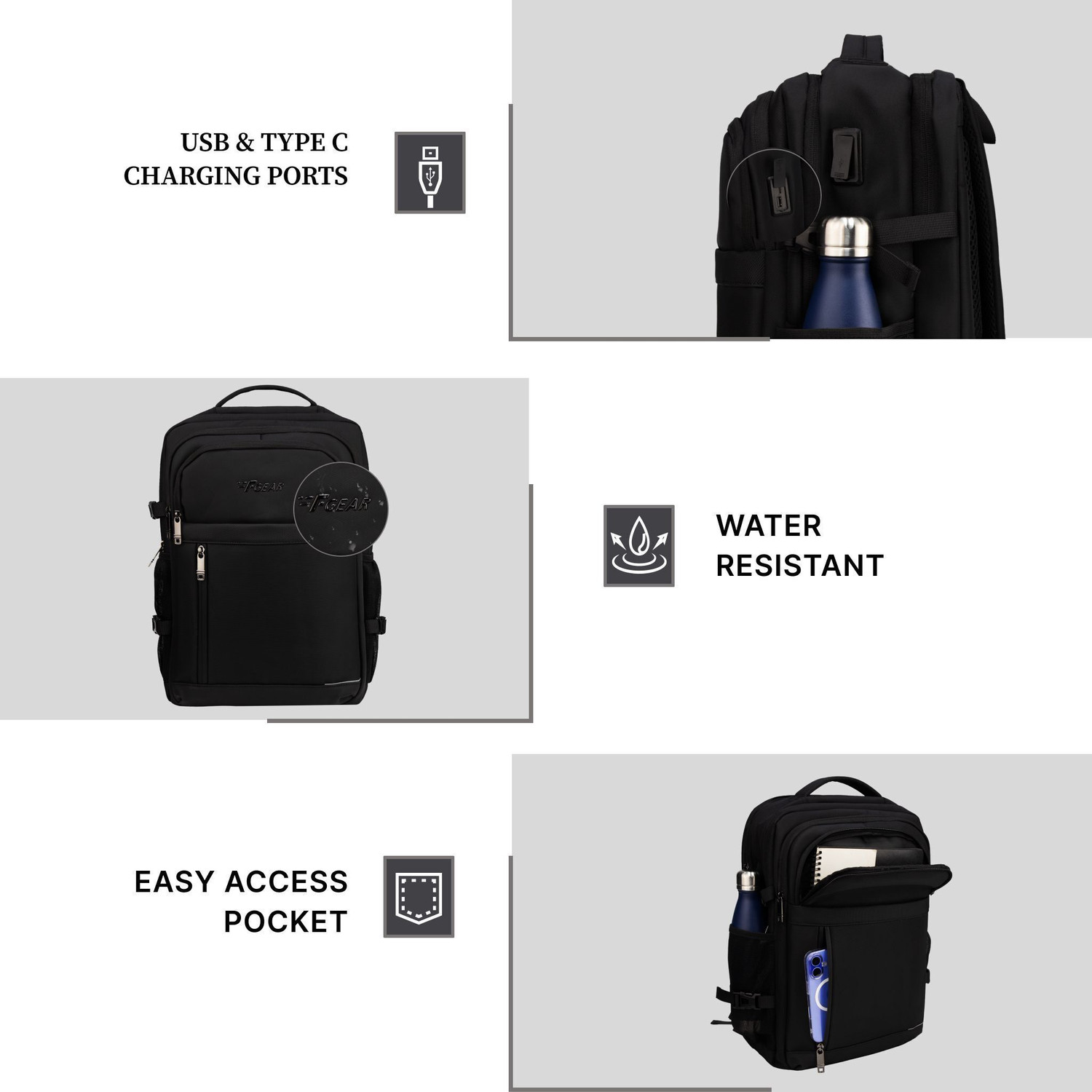 Image of F Gear Sydney Black with USB & Type-C Charging & Compression Straps 27 L Laptop Backpack