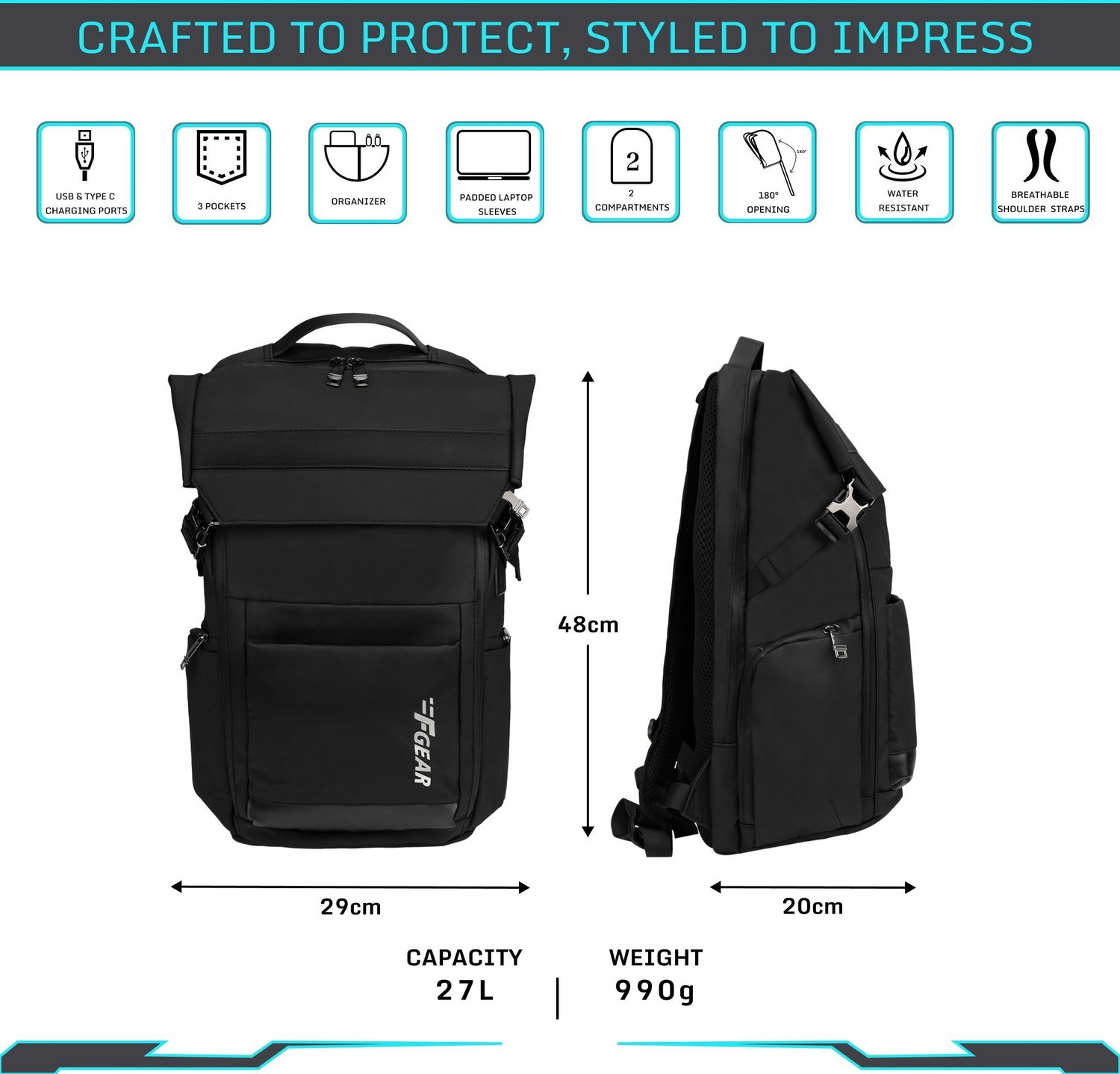 Image of F Gear Oslo Black with USB & Type-C Charging and Sternum Buckle 27 L Laptop Backpack