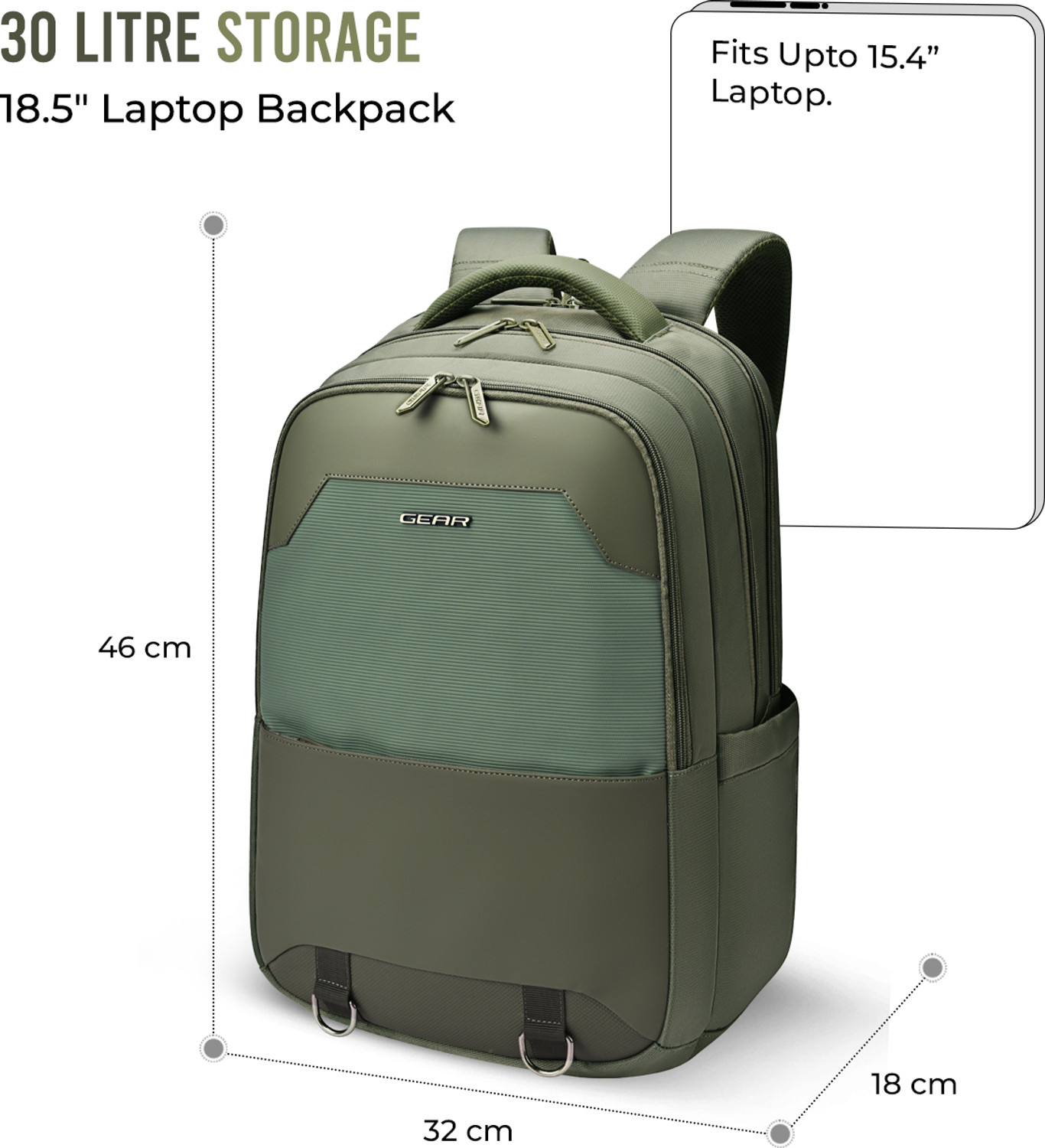 Image of Gear Medium 30 L Laptop Backpack COOPER LAPTOP BACKPACK WITH RAINCOVER 18.5 (Green)
