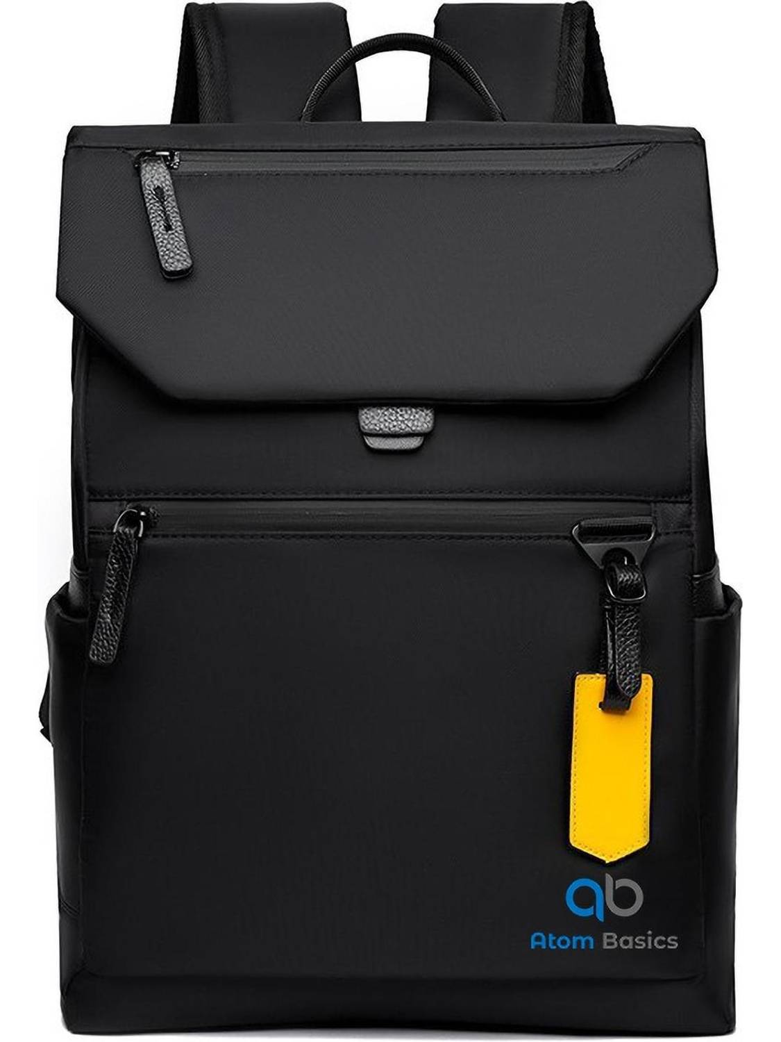 Atom Basics Sleek Black Laptop Backpack with Flap, Multiple Pockets & Yellow Tag Travel Pack 39 L Laptop Backpack