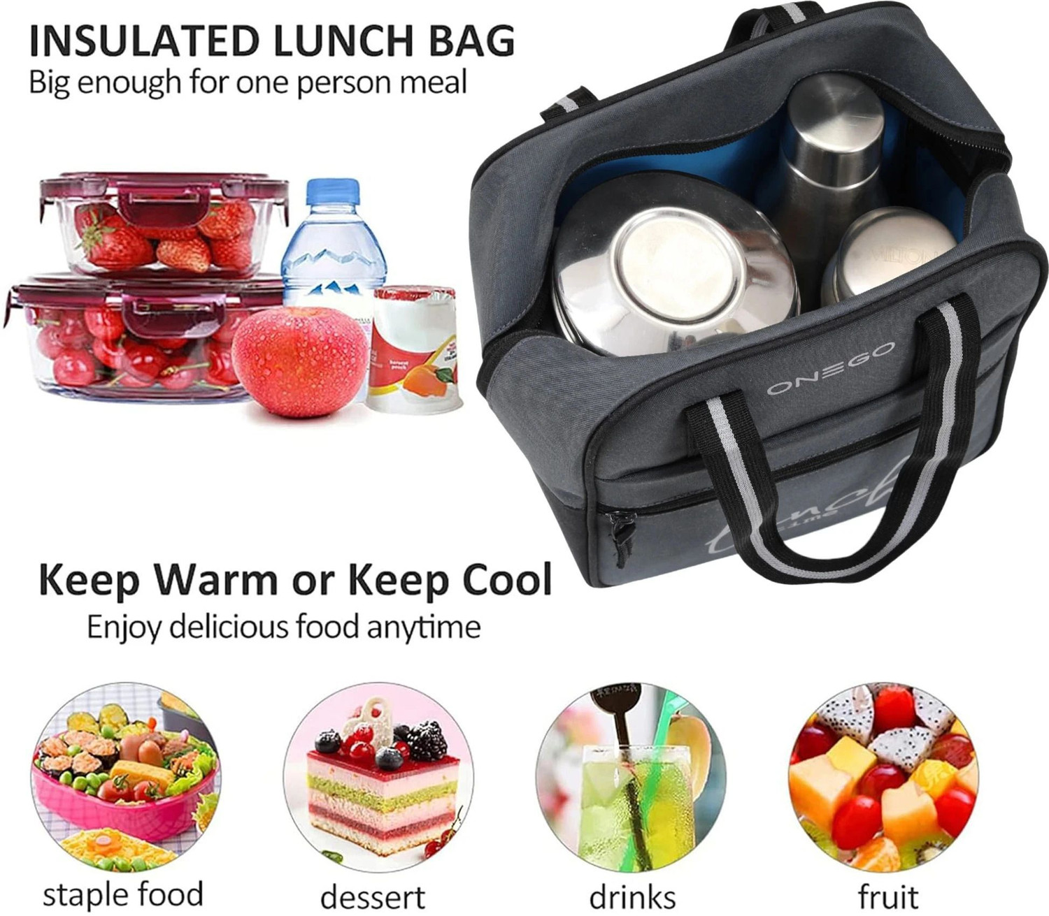 Image of ONEGO Stylish Lunch Bag - Perfect for School, College, Office & Outdoor Trips Waterproof Lunch Bag