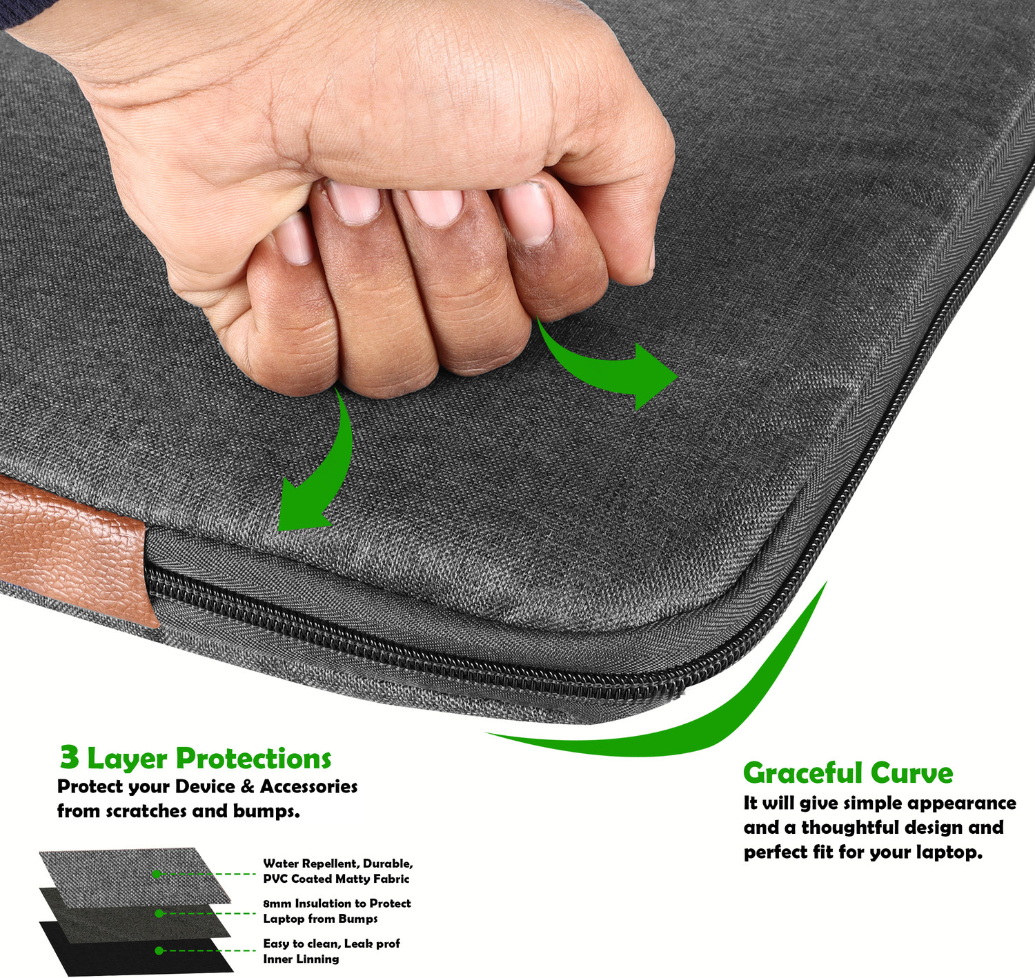 Image of LOREM 15.6 inch Grey & Tan Office Laptop Sleeve / Slip / Cover / Case with Zipper Closure Laptop Sleeve /Cover