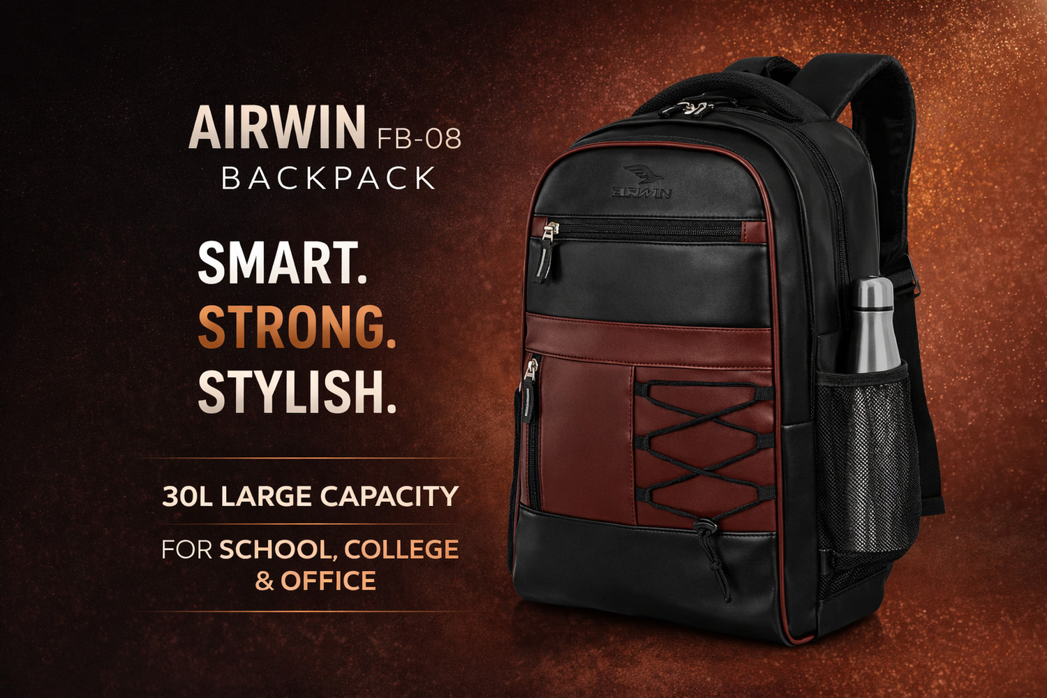 Image of Justify Premium Leather Backpack 2 Compartments 2 Front Pockets Office School Bag Waterproof Backpack