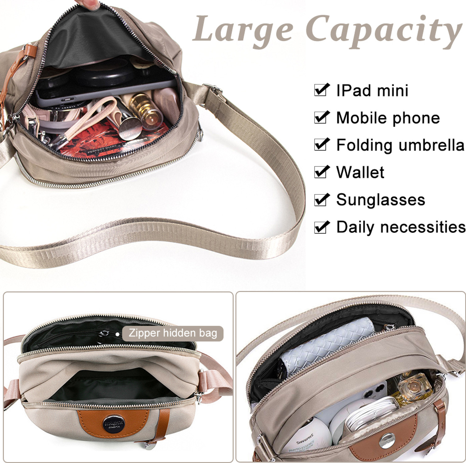 Image of sannidhi Fashion Women Crossbody Bag Casual Nylon Daily Bag Shoulder Bag Double Layer Waterproof Shoulder Bag