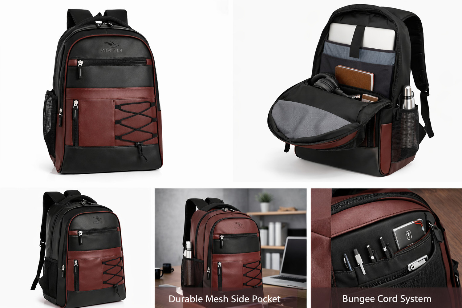 Image of Airwin 30L Leather Office Bag Laptop Bag Men Women Multi Pocket Durable Bags Waterproof School Bag
