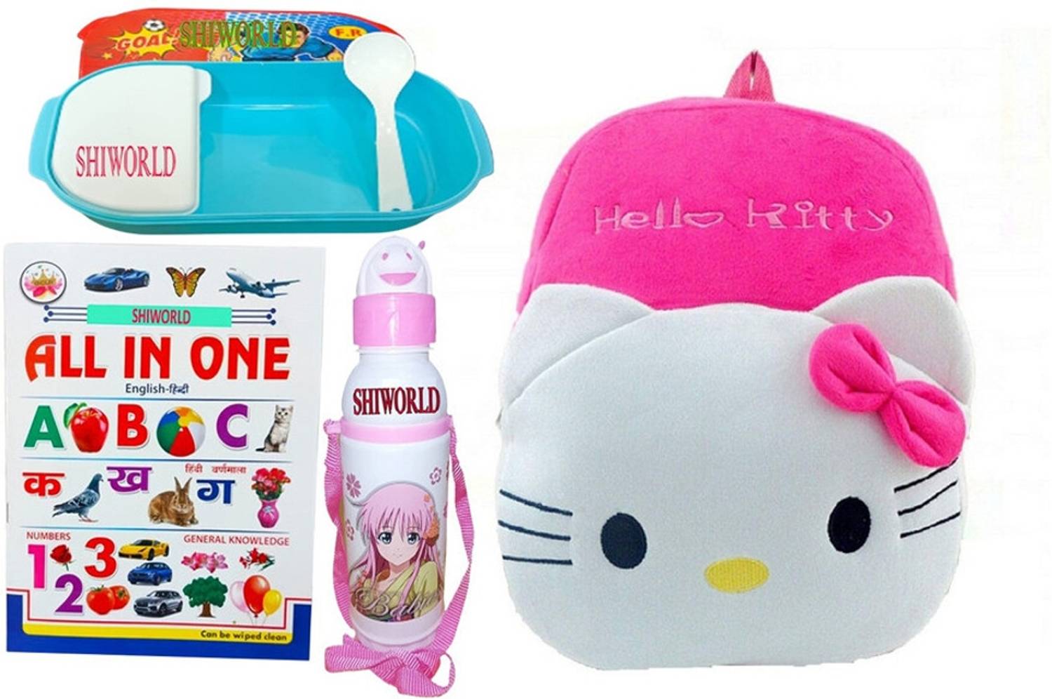 Avianna Hello Kitty Pink Bag+Bottle+All In One Book+Lunch Box School Bag For Kids School Bag