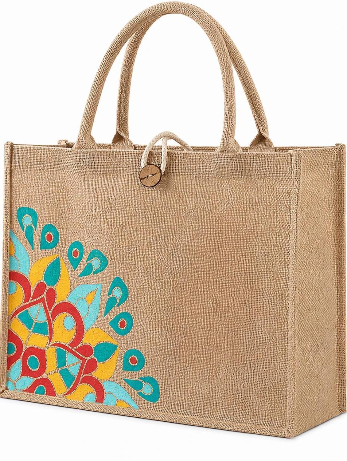 AVLUZ Natural Mandala Printed Jute Large Capacity Multipurpose Bag