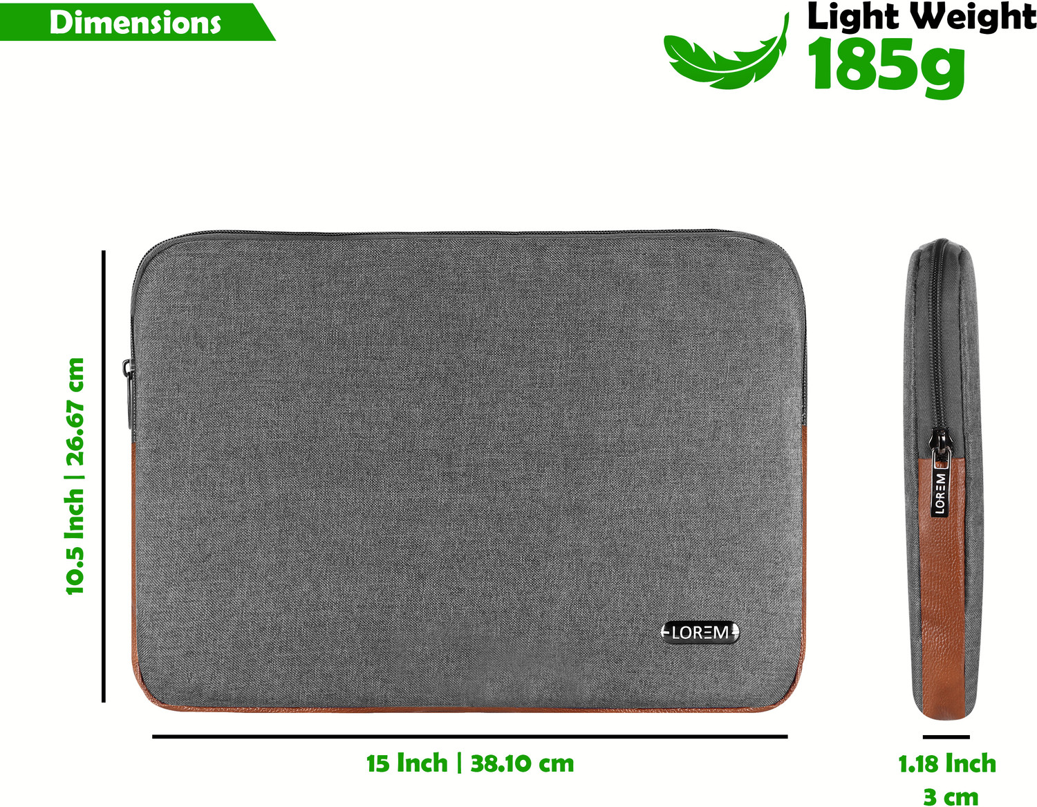 Image of LOREM 15.6 inch Grey & Tan Office Laptop Sleeve / Slip / Cover / Case with Zipper Closure Laptop Sleeve /Cover