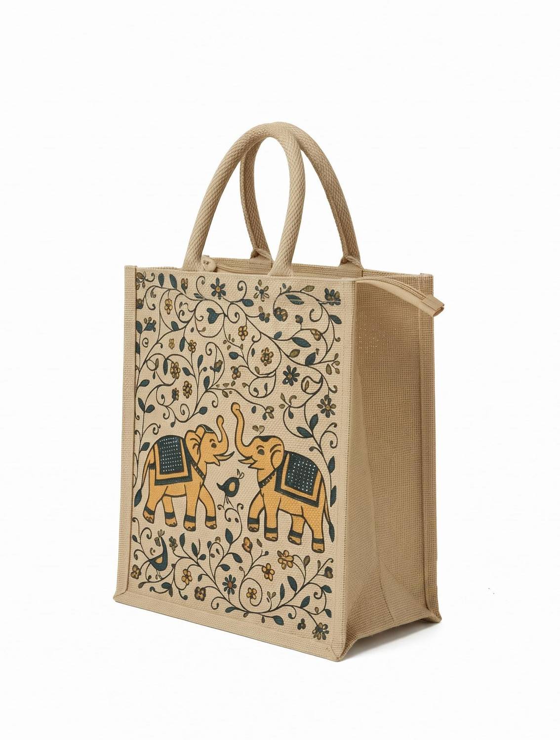 AVLUZ Natural Elephant Printed Jute Multipurpose Bag
