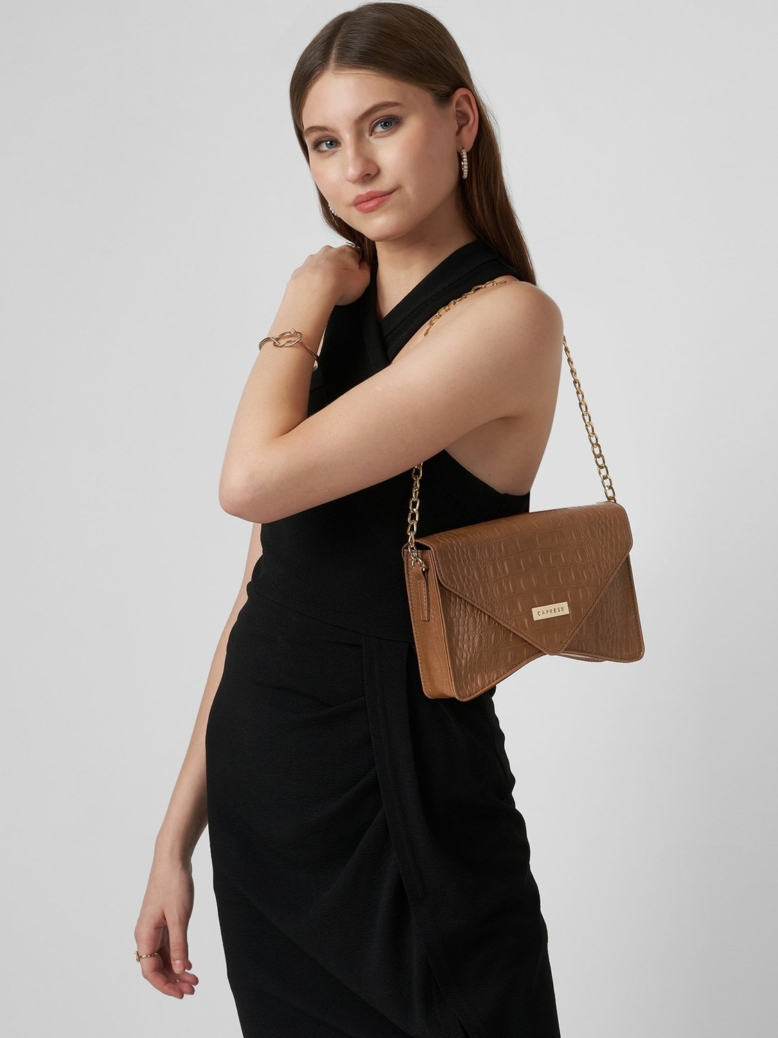 Image of Caprese Shaya Baguette Small Tan Handbag for Women Shoulder Bag Shoulder Bag