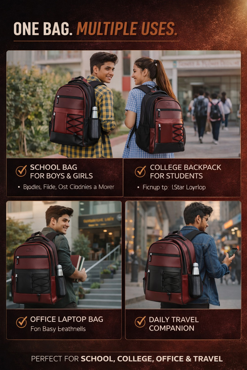 Image of Justify Premium Leather Backpack 2 Compartments 2 Front Pockets Office School Bag Waterproof Backpack