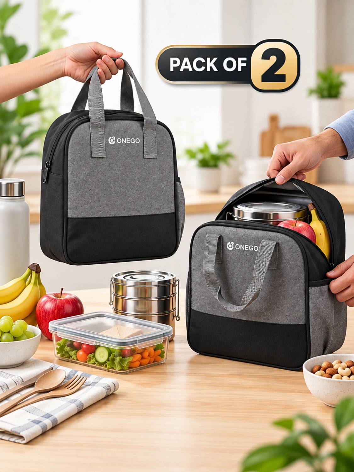 ONEGO Combo Pack of 2 Insulated Tiffin Bag for Men Women Office Waterproof Lunch Bag