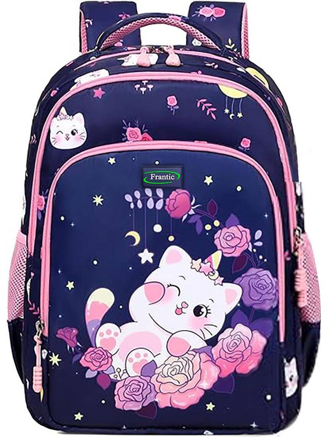 Frantic Kids School Backpack Blue_Flower_Cat Waterproof Backpack