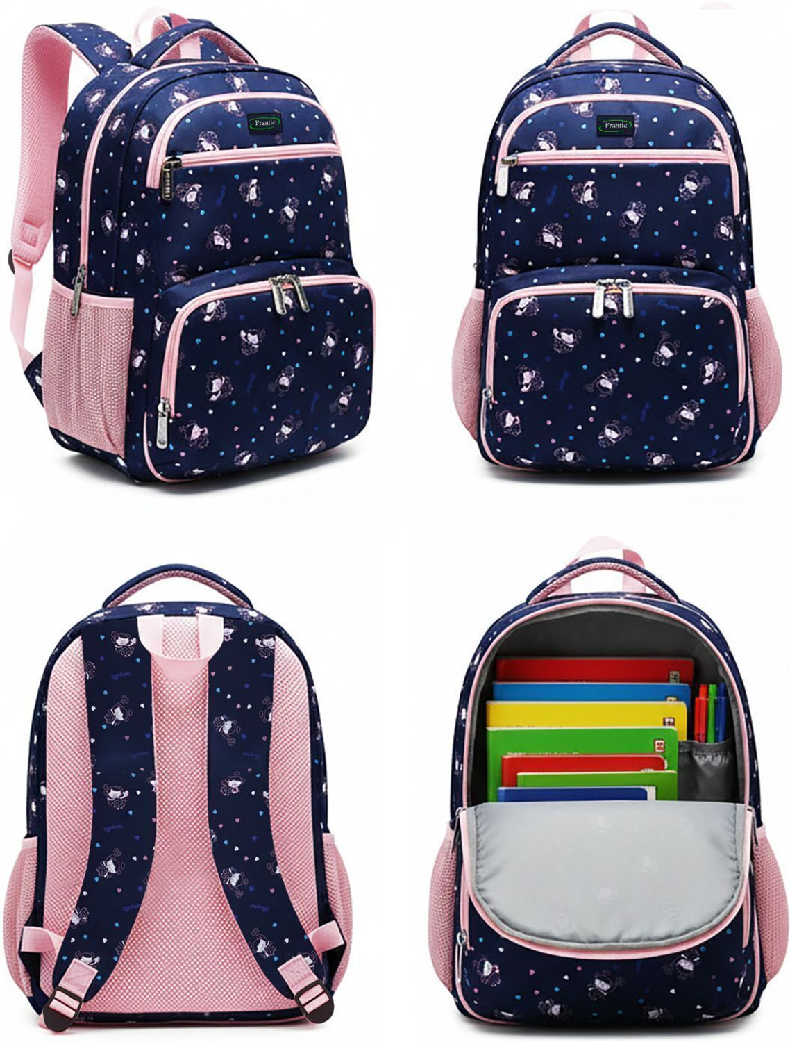 Image of Frantic Polyester Kids School Bag 4Zipper Blue Littile Heart 2026 1 Waterproof Backpack