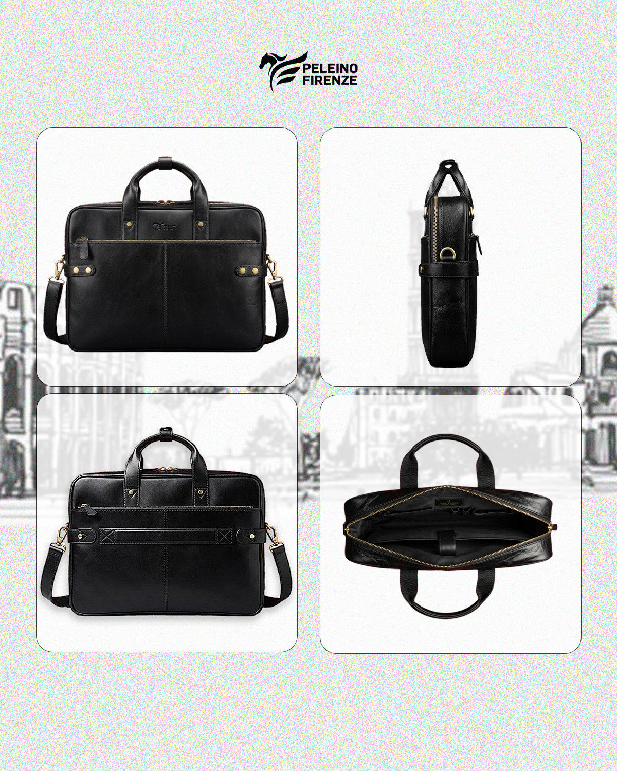 Image of Peleino Firenze Leather Laptop Bag with Shoulder Strap Multi-Compartment Business Briefcase Waterproof Messenger Bag