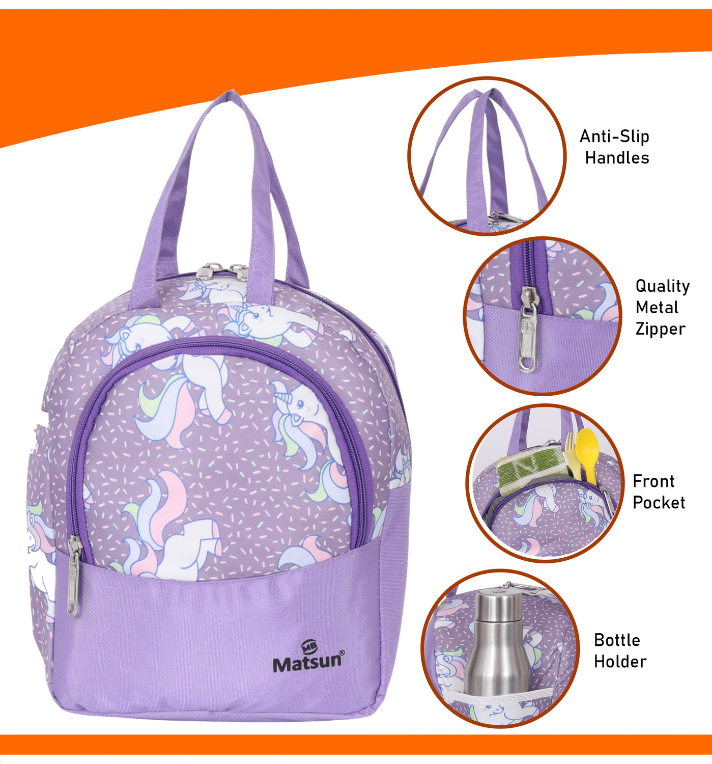 Image of Matsun Unisex Kids Printed Tiffin Bag | Insulated | Protects from Spills & Leakage Waterproof Lunch Bag (Multicolor, 8 L)