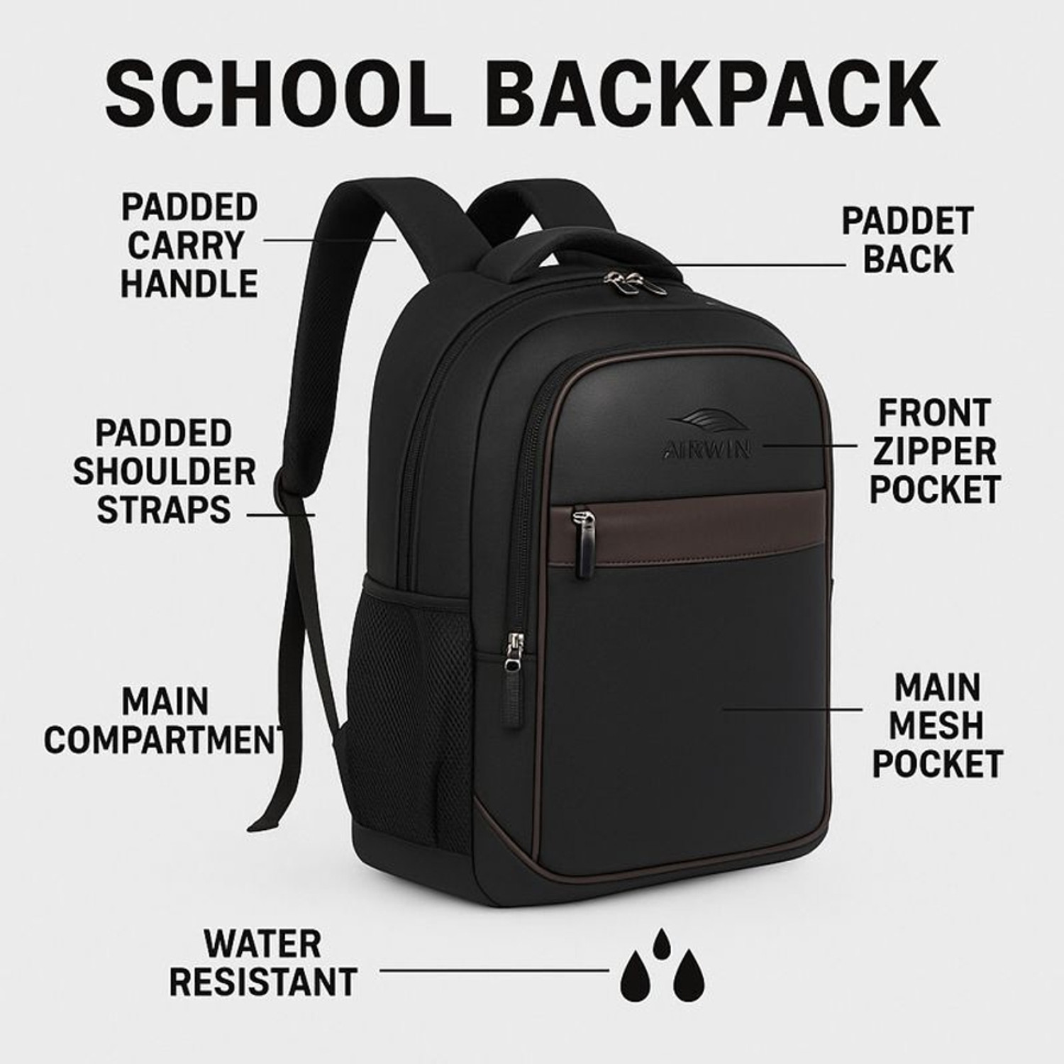 Image of Airwin 18-inch Leather Office Bag | 2 Compartment Waterproof Backpack for Boys & Girls Waterproof School Bag