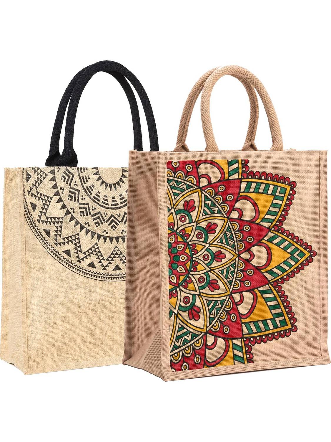 AVLUZ Natural Jute Half Circle & Rangoli Printed Bag Combo (Pack of 2) Multipurpose Bag