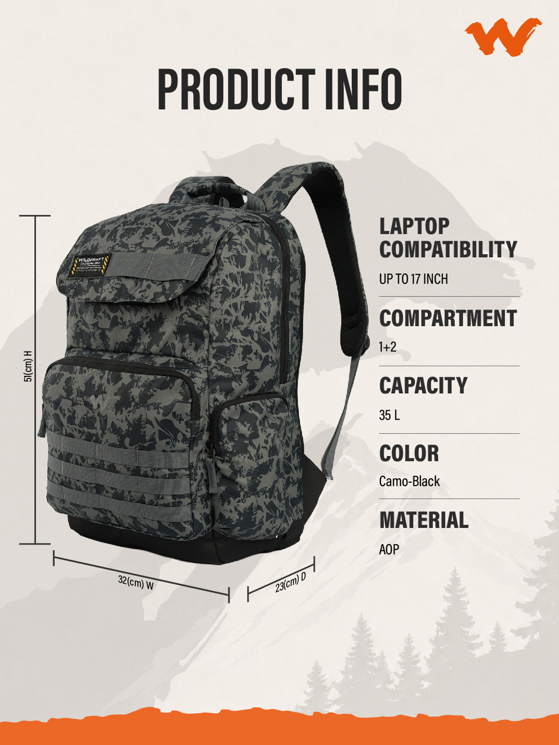 Image of Wildcraft Safara Pro LPBP 35L Camo-Black Waterproof Backpack