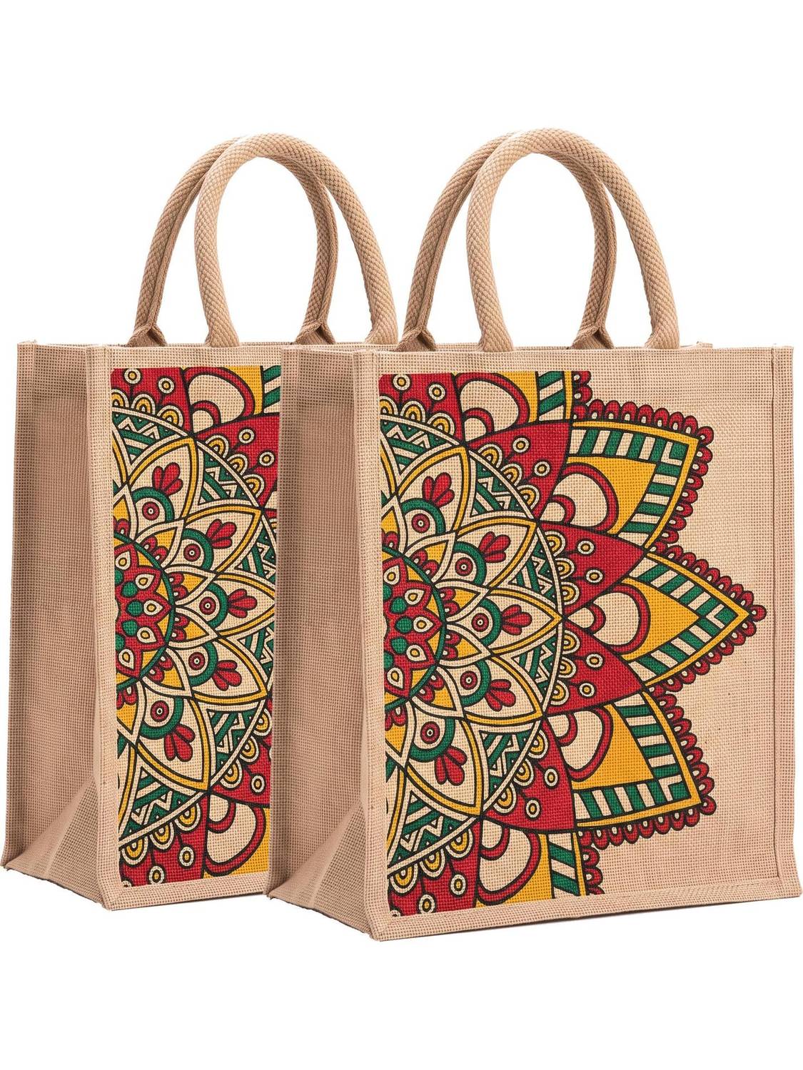 AVLUZ Natural Rangoli Printed Jute Bag Pack of 2 | 15-inch (2 Units) Multipurpose Bag