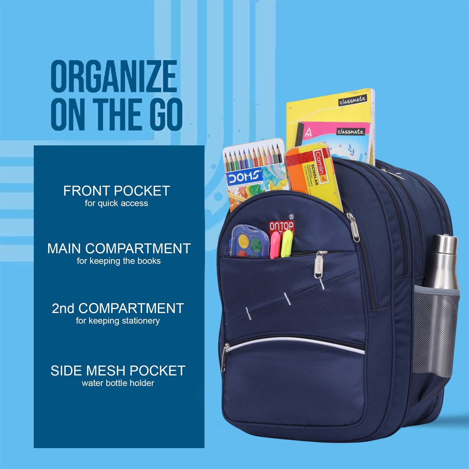 Image of Ontop trends 60L School Bag for Boys & Girls | Stylish Backpack for 5th-10th Class Durable Waterproof School Bag (Dark Blue, 60 L)