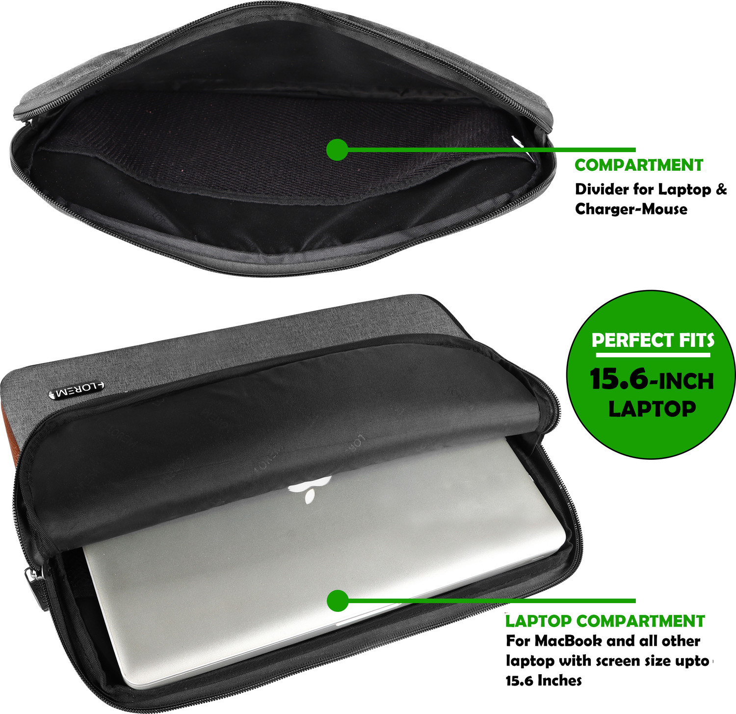 Image of LOREM 15.6 inch Grey & Tan Office Laptop Sleeve / Slip / Cover / Case with Zipper Closure Laptop Sleeve /Cover