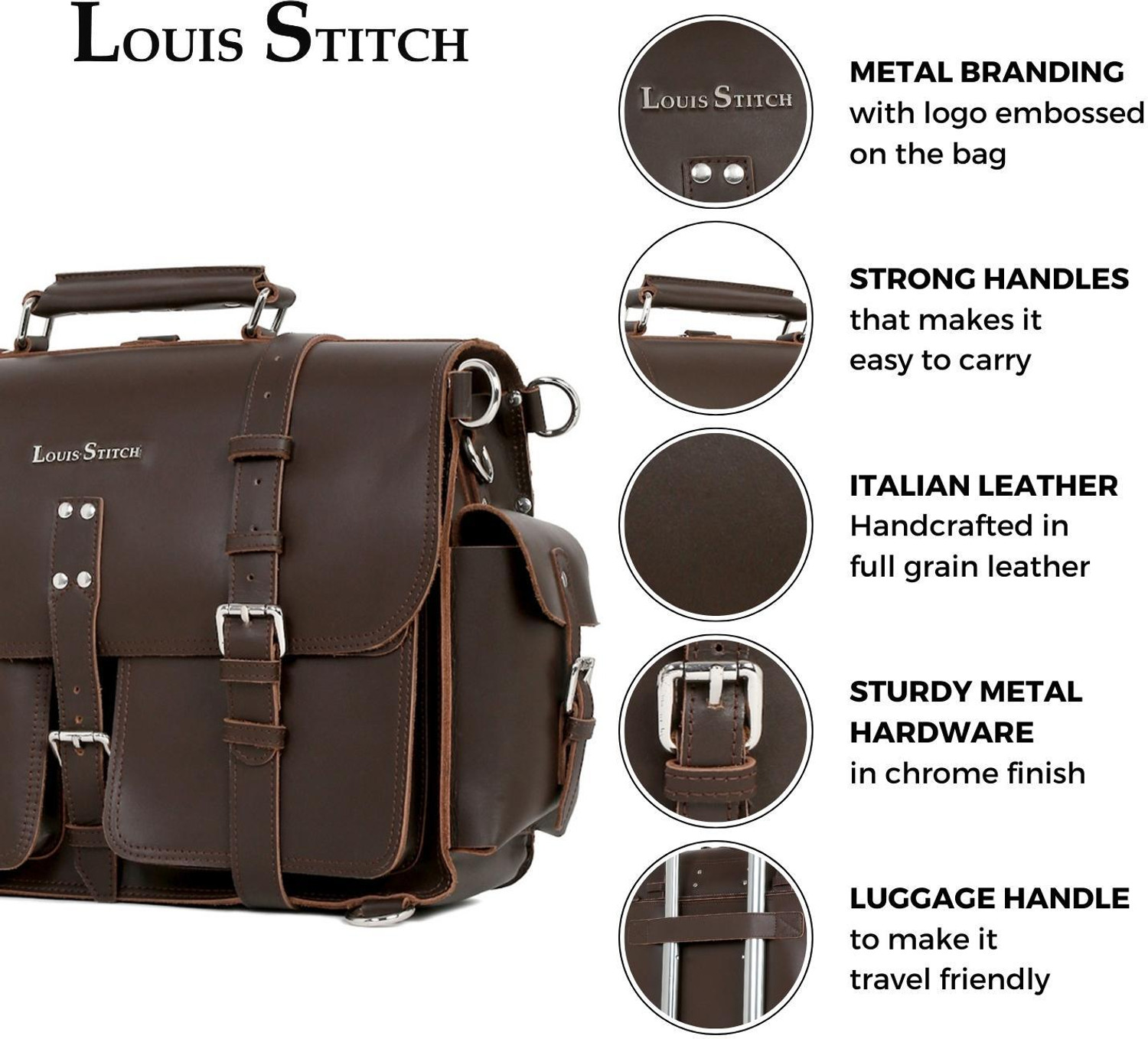 Image of LOUIS STITCH Men's Brown Italian Leather Laptop Briefcase Bag Messenger Bag