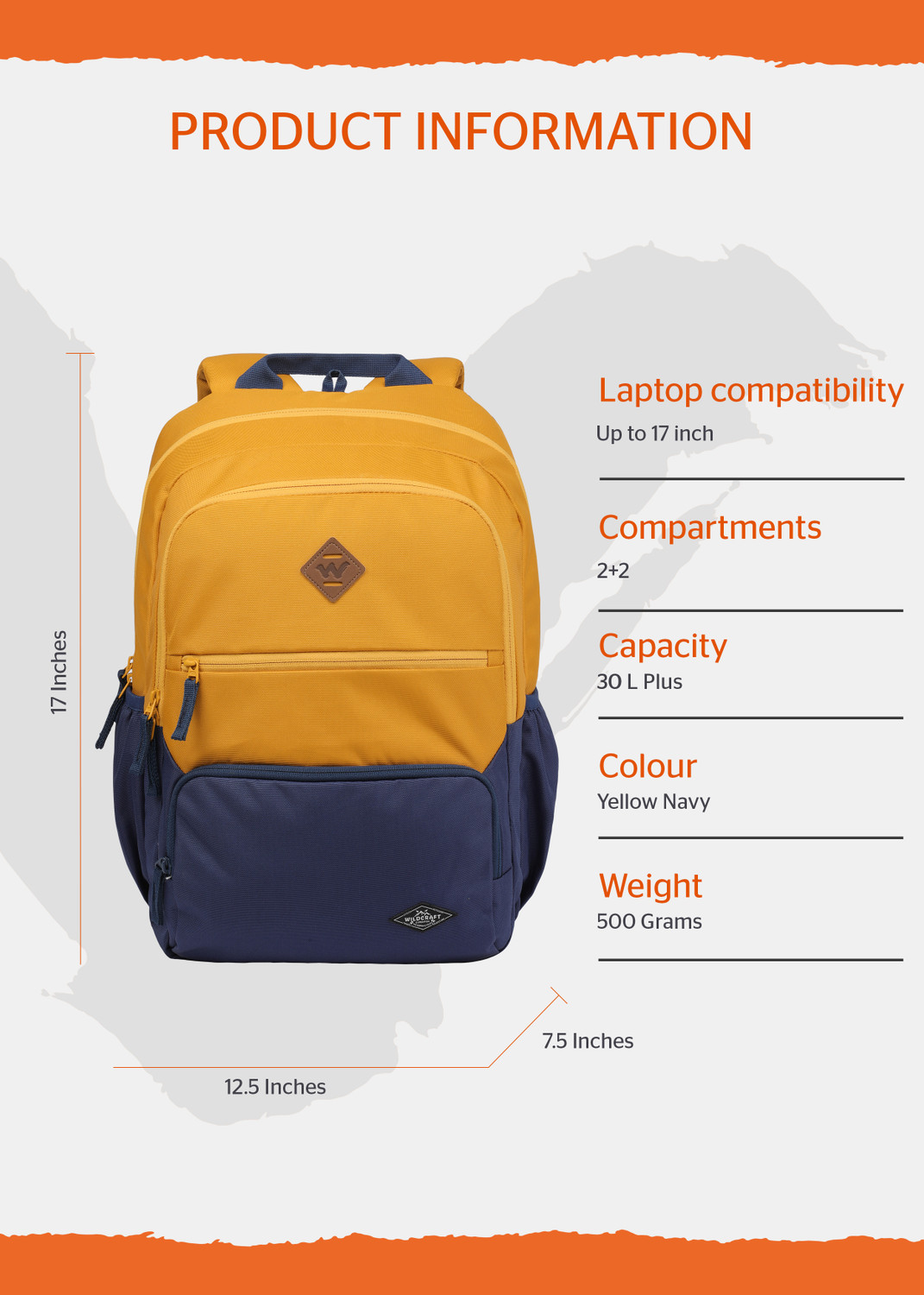Image of Wildcraft Camper LPBP 30L+ Waterproof Backpack (Yellow, 30 L)
