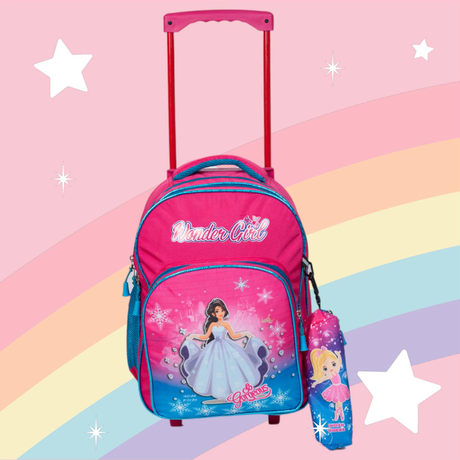 Indian Riders baby wonder girl School Kids Bag - 16 Inches- Queen Pink School Bag Trolley Bag Waterproof Trolley